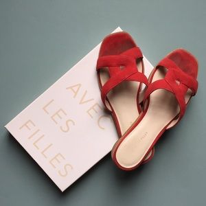 AVEC LES FILLES // Red Suede Slides Sandals, W8.5
